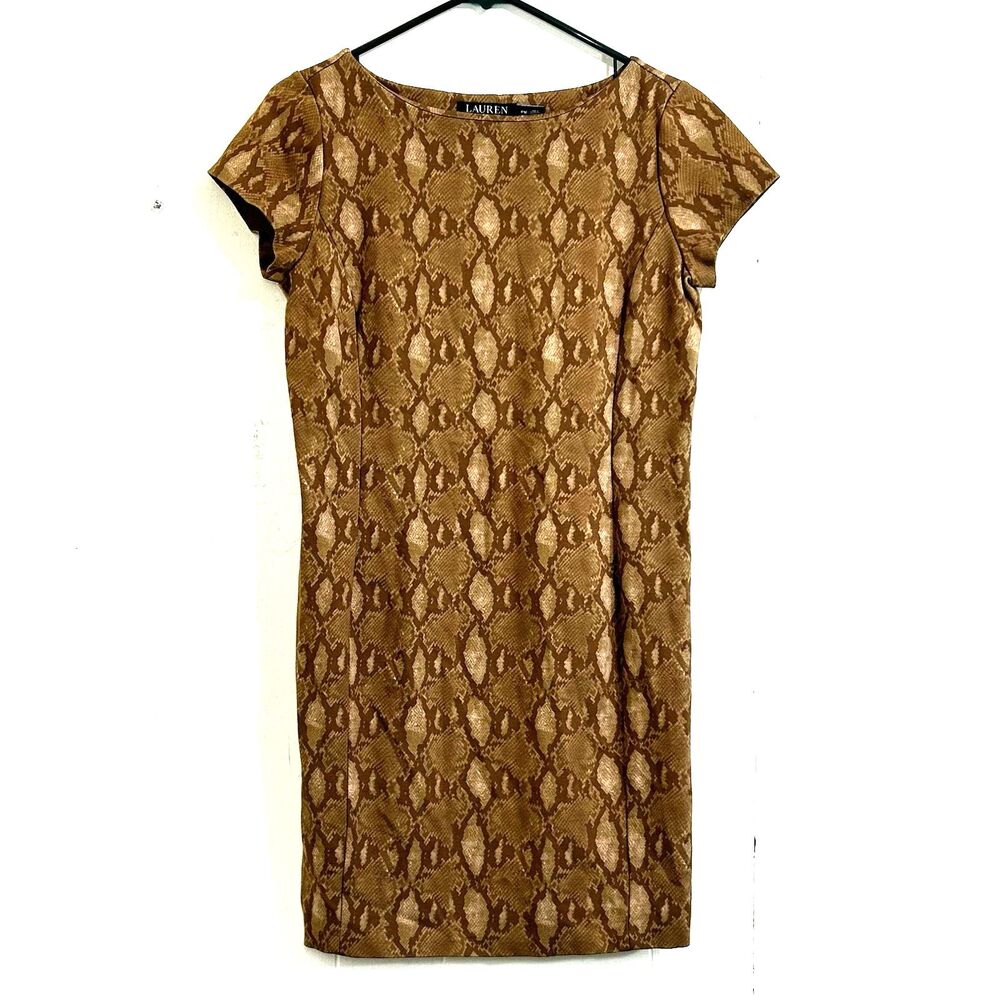 Ralph Lauren Contessa Snake Print Ponte Knit Sheath Dress Size MP Short Sleeve